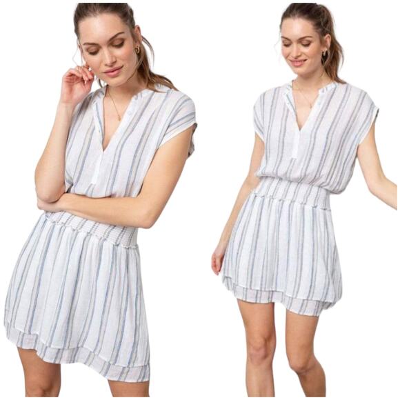 Rails NWT Angelina Smocked Waist Mini Dress Linen Blend Ryland Stripe Size XXS - Picture 2 of 13